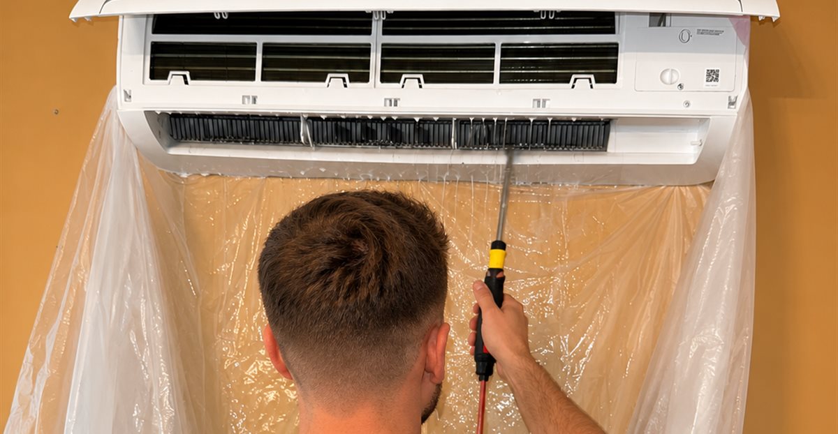 Technicien SénClim nettoyant un climatiseur mural avec bâche de protection