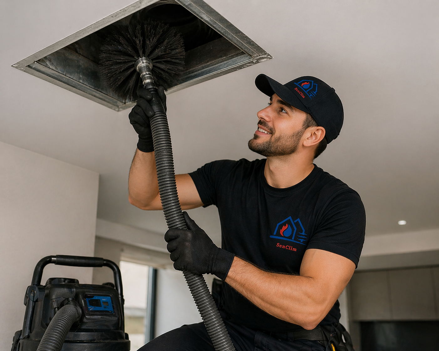 Technicien SénClim nettoyant un conduit de ventilation